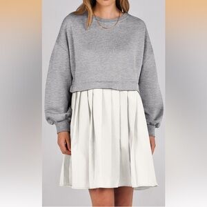 NWT sweatshirt oversized pleated dress gray and white